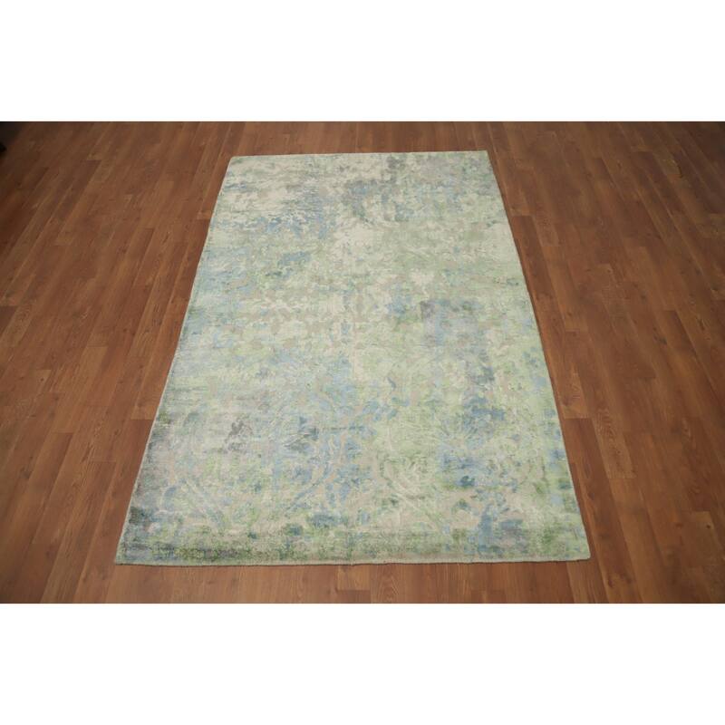 Hand Knotted Oriental Viscose Silk Carpet Modern Abstract Green Abstract Area Rug - 6' 4'' X 4' 1''