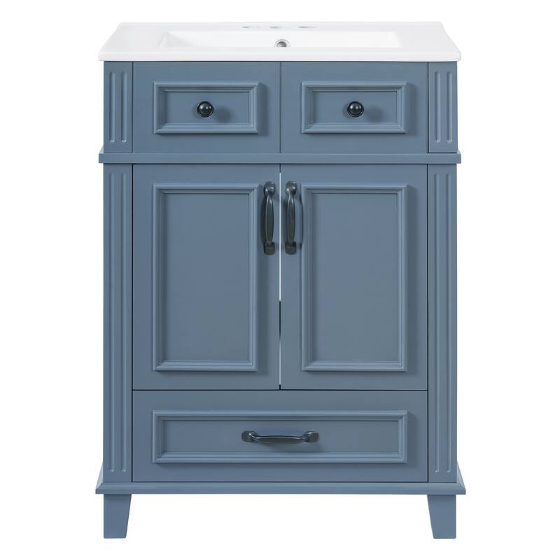 24" Bathroom Vanity with Ceramic Sink,Solid Wood Frame Bathroom Storage Cabinet with Soft Closing Doors,Retro Style