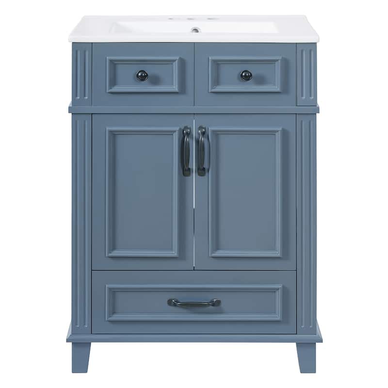 24" Retro Bathroom Vanity with Ceramic Sink & Solid Wood Frame - Soft Closing Door Storage Cabinet
