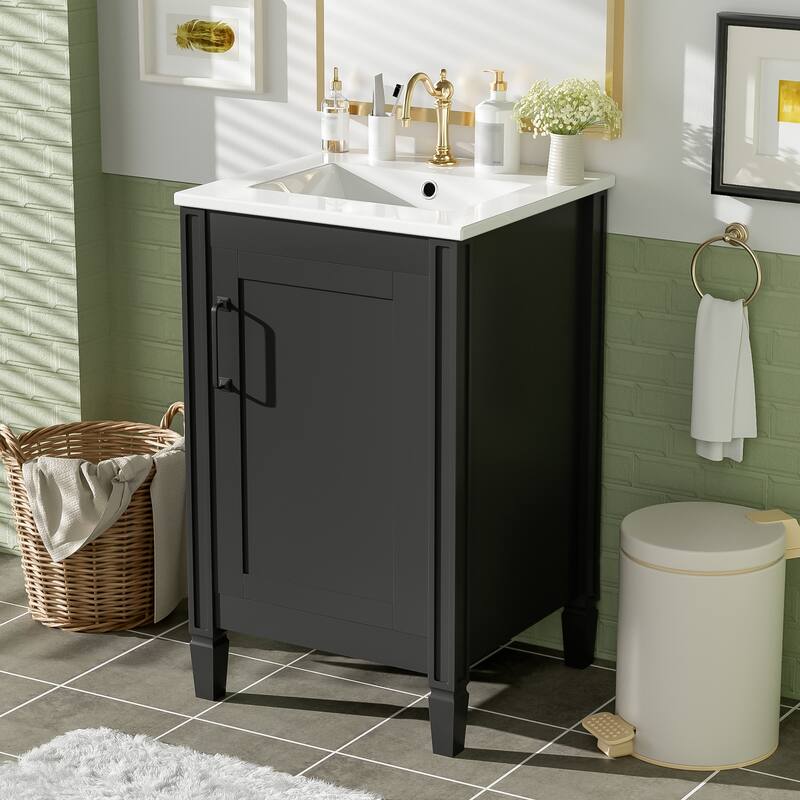 20" Modern Black Bathroom Vanity‌ – Ceramic Sink, Soft-Close Doors & Adjustable U-Shelf - Black