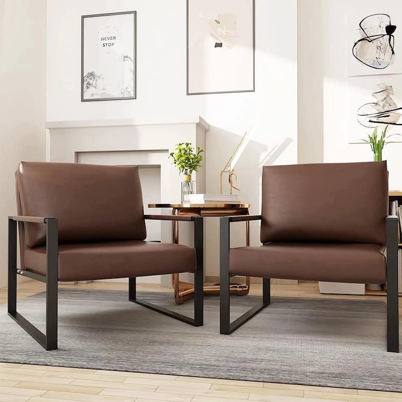 Eureka Modern Vintage Upholstered PU Leather Armchairs, Mid Century Accent Chairs with Steel Frame, Leisure Chairs (Set of 2)