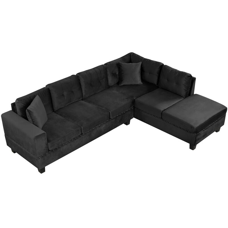 105.1" Velvet L-Shaped Sectional Sofa with Ottoman & Cup Holders