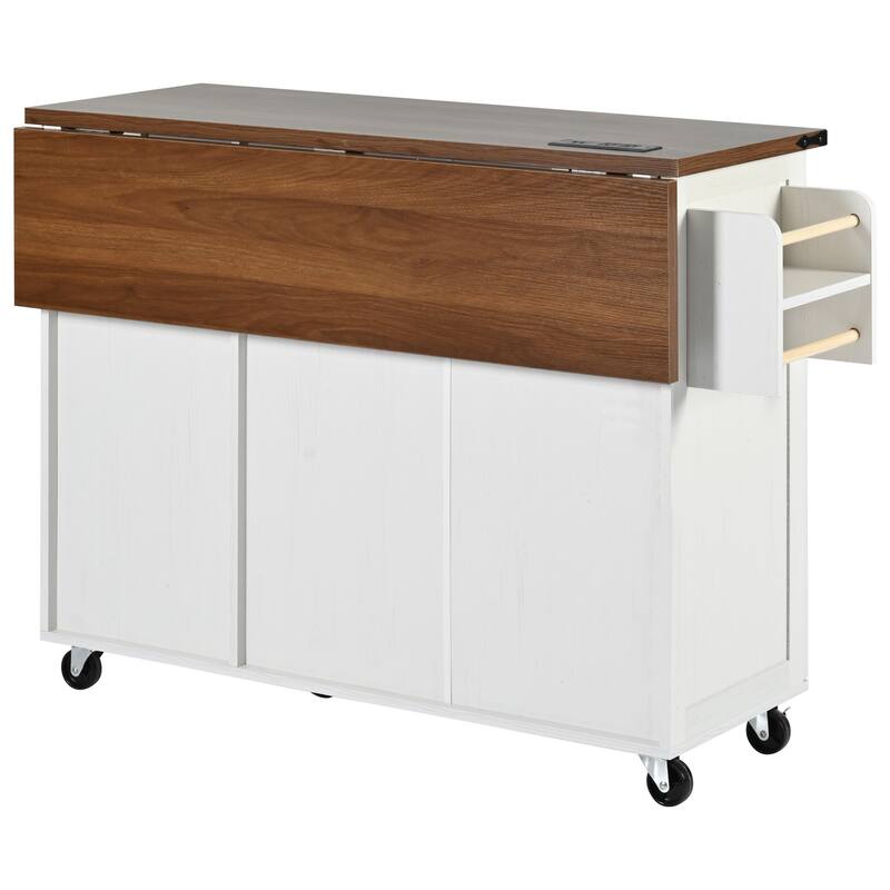 Rolling Kitchen Island with Folding Drop Leaf, Wooden Storage Cabinet with Power Outlet, Internal Storage Rack and Spice Rack