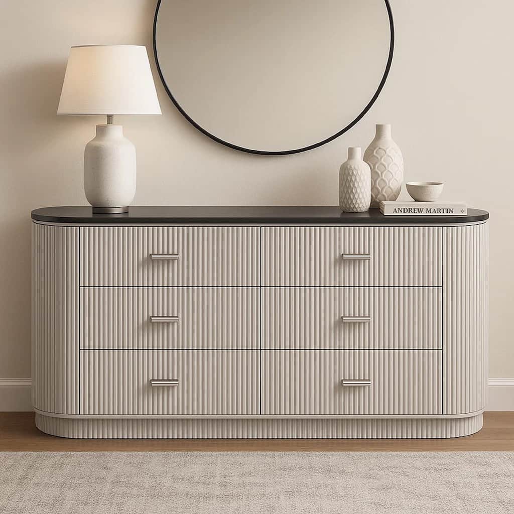 Alda 6 Drawer Wide Dresser, Light Gray Solid Wood with Cultured Stone Top