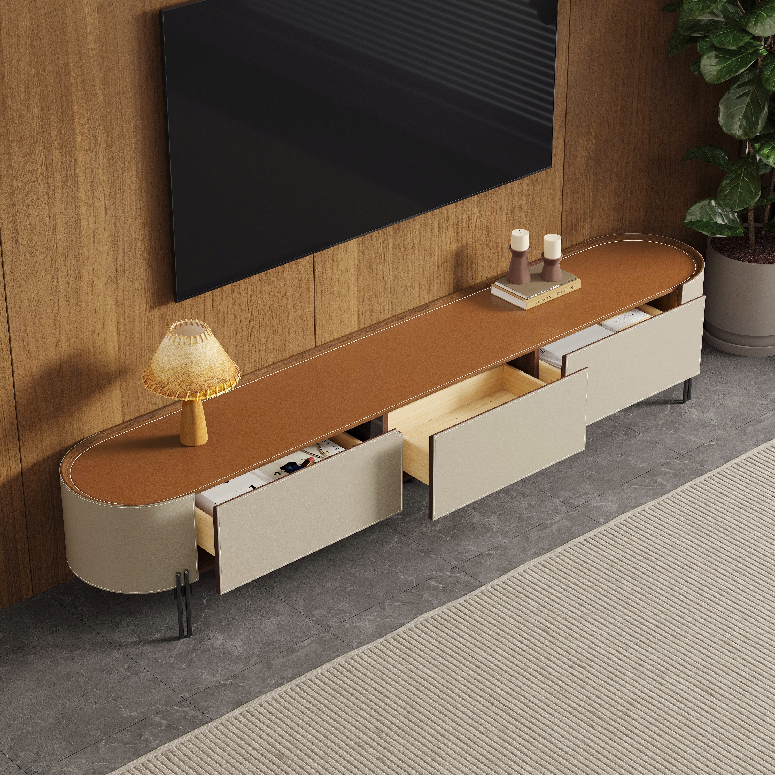 86.6'' Leather TV Stand, Modern Entertainment Center with 3