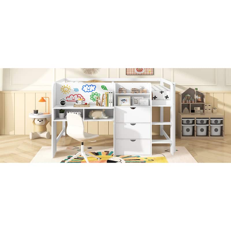 Roomfitters Full Low Loft Bed with Integrated Desk, Bookcase, Cabinets and Whiteboard, White