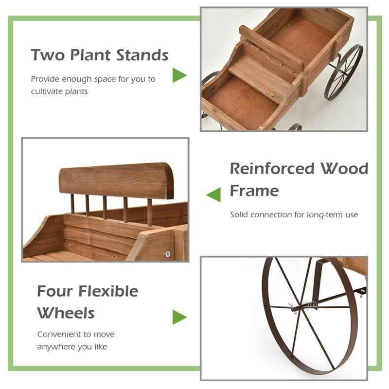 Gymax Garden Plant Planter Wooden Wagon Planter W/ Wheel Garden Yard - 24.5'' x 13.5'' x 24''