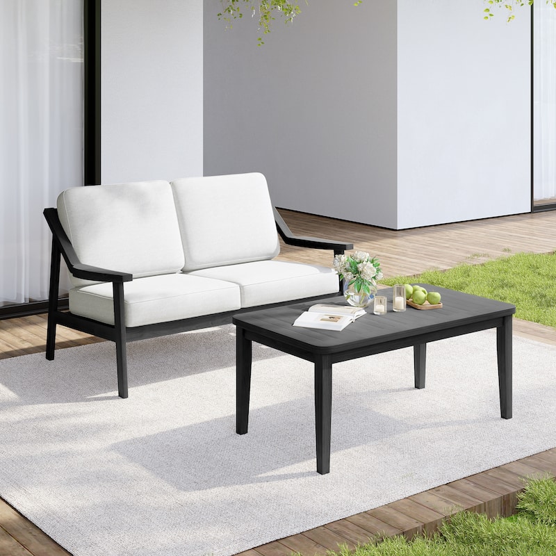 Outdoor Wood Teak Cushioned Patio 2 Seater Loveseat with Coffee Table - Dark Wood - Beige