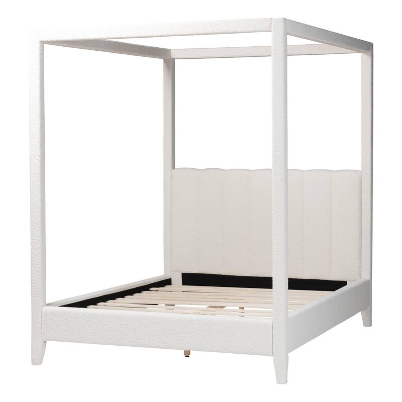 Aerona Boucle Upholstered Canopy Bed - Four Poster Platform Bed with Channel-Tufted Headboard, Cream, Queen
