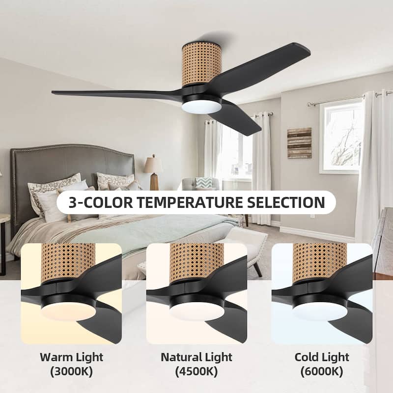 MLiAN 52 In. 3 Solid Wood Blades Flush Mount Ceiling Fan with Light Kit - 52"