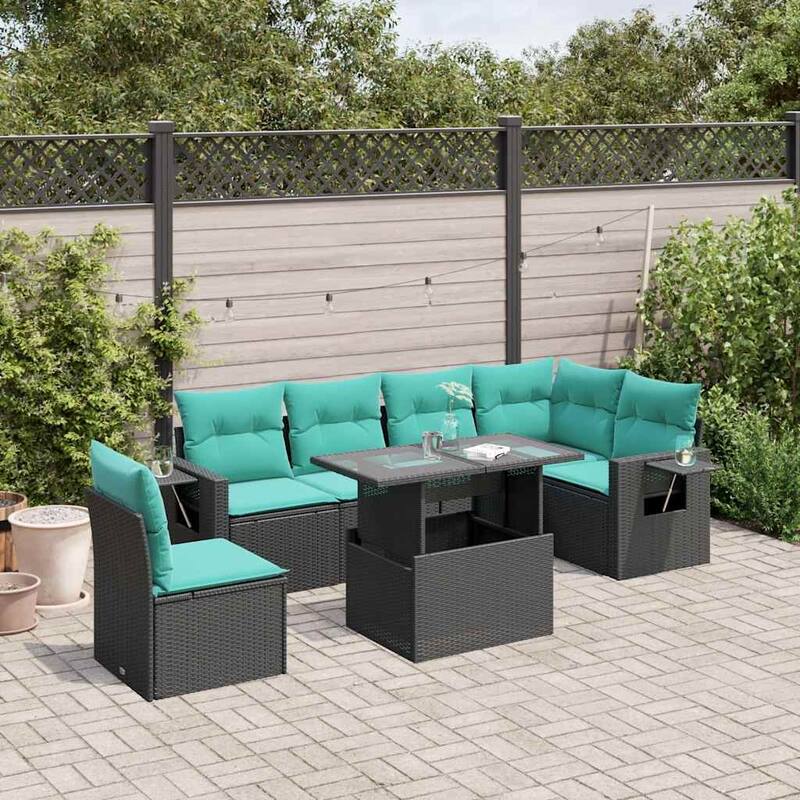 vidaXL 7 Piece Patio Sofa Set with Cushions Black Poly Rattan - 24.4 x 24.4 x 27.2