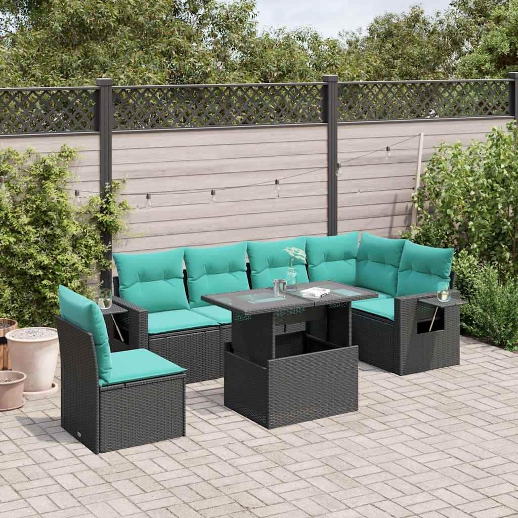 vidaXL 7 Piece Patio Sofa Set with Cushions Black Poly Rattan - 24.4 x 24.4 x 27.2