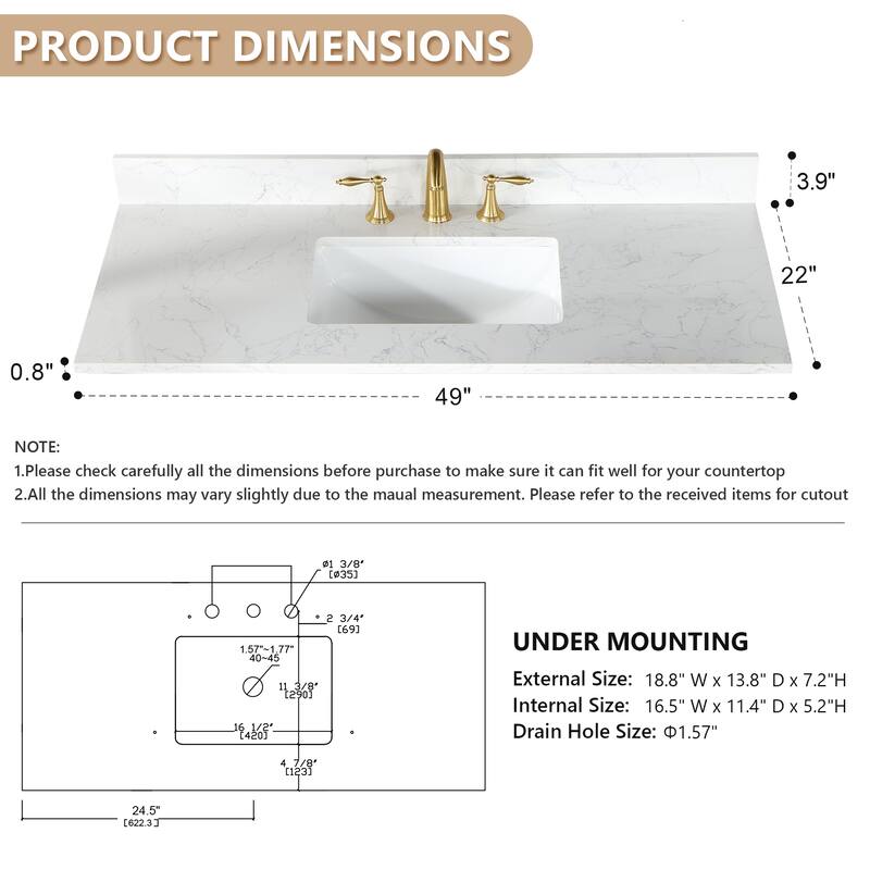 Altair Ceres Engineered Stone Vanity Top in Grain White Without Cabinet