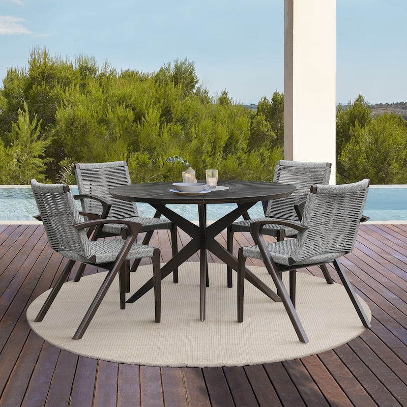Solid Eucalyptus Wood and Rope Outdoor Patio 5 Piece Round Dining Set with Arm Chairs