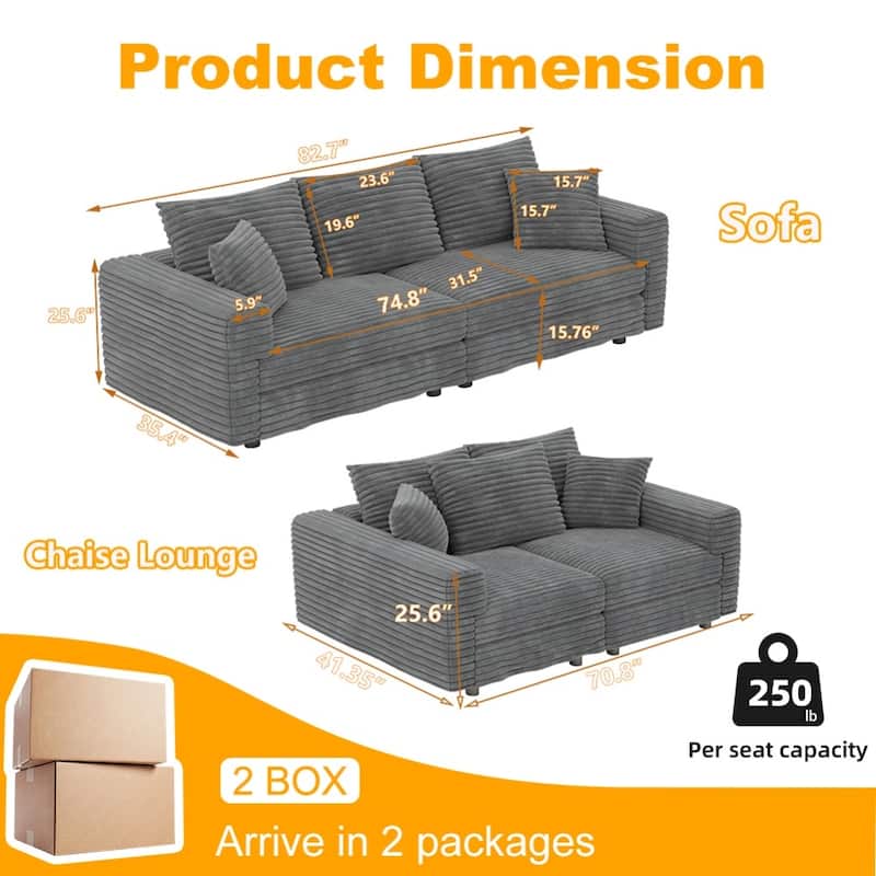 82.7 " Modern Plush Corduroy 3-Seat Sofa with Soft Pillows