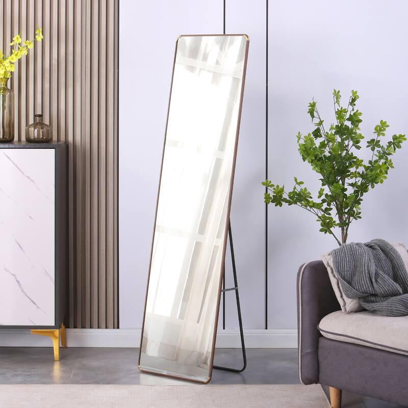 floor standing full-length rearview mirror. framed wall mirror, makeup mirror, bedroom foyer, clothing store, wall mounted - Beige/Brown