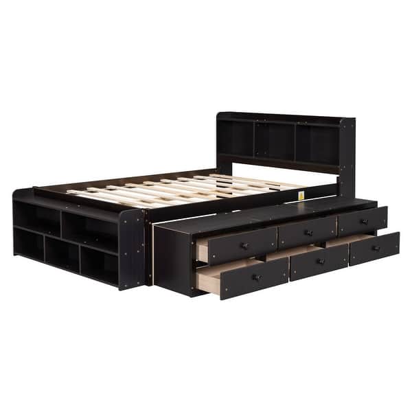 slide 2 of 5, Espresso Full Bed with Bookcase Headboard, Under bed Storage Drawers and Bed End Storage Case