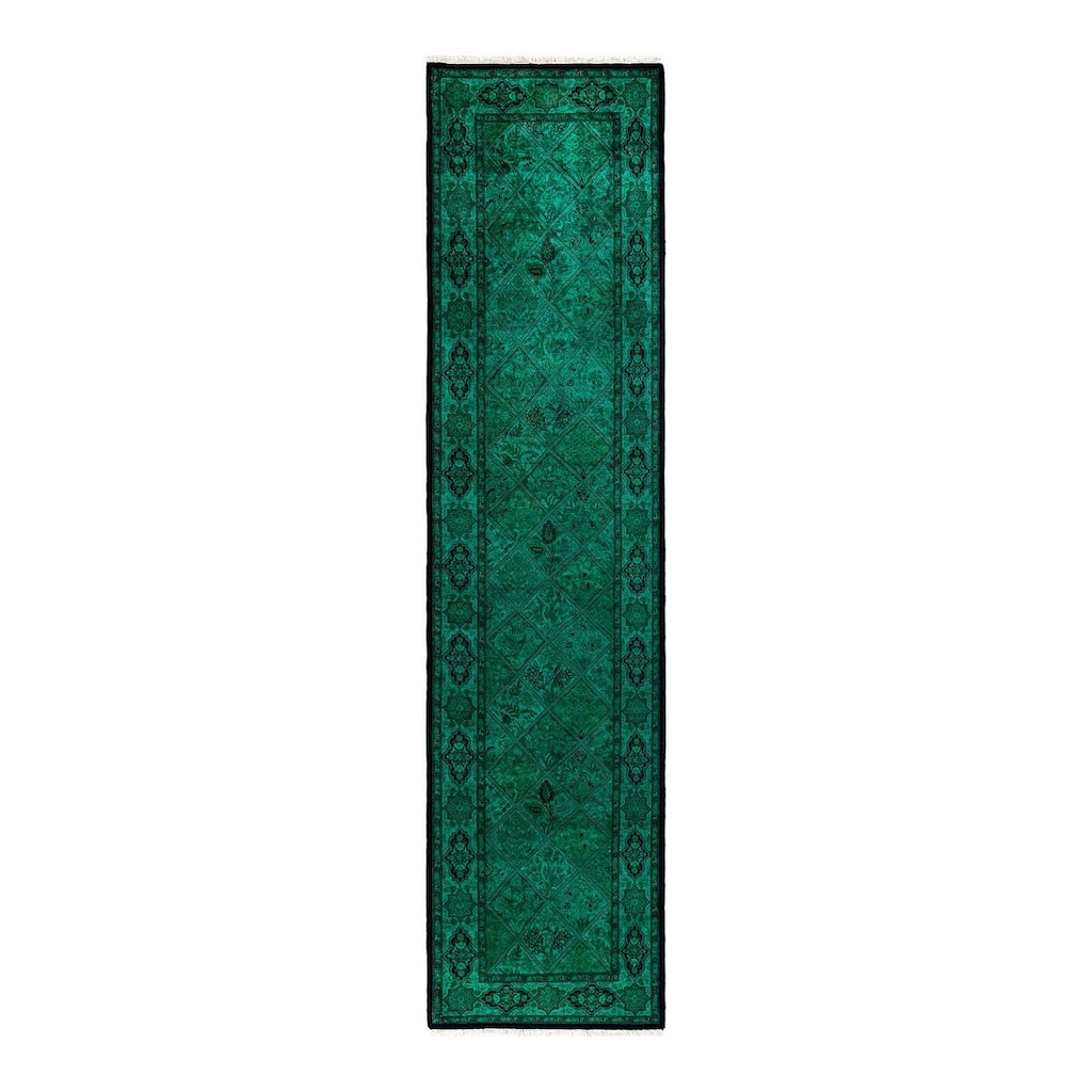 Overton Hand Knotted Wool Vintage Inspired Modern Contemporary Overdyed Green Runner Rug - 2' 7" x 10' 9"