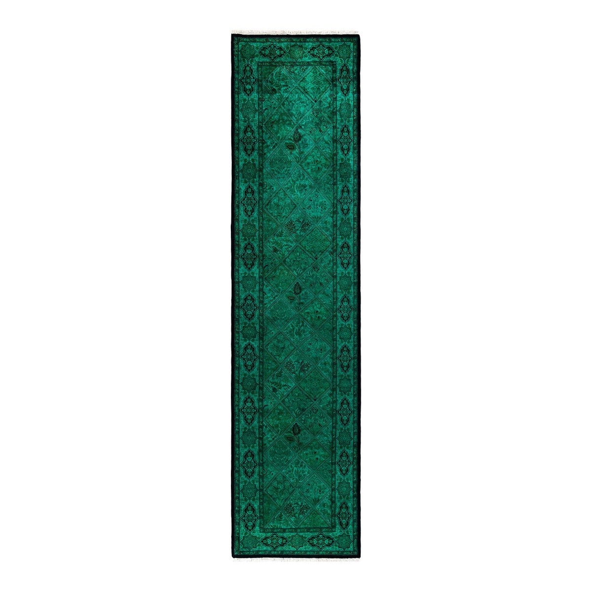 Overton Hand Knotted Wool Vintage Inspired Modern Contemporary Overdyed Green Runner Rug - 2' 7" x 10' 9"