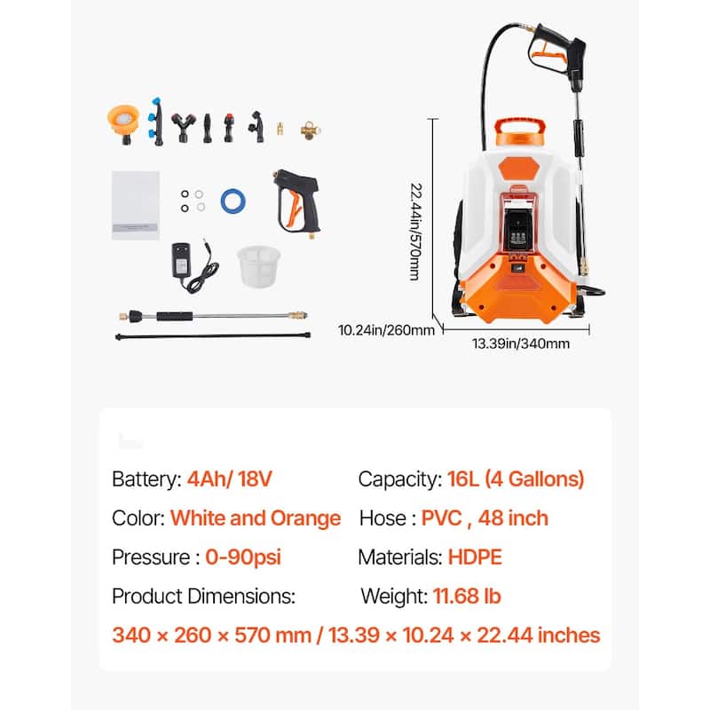 White and Orange 16L Battery-Powered Backpack Sprayer with Adjustable 0-90 PSI and Ergonomic Design