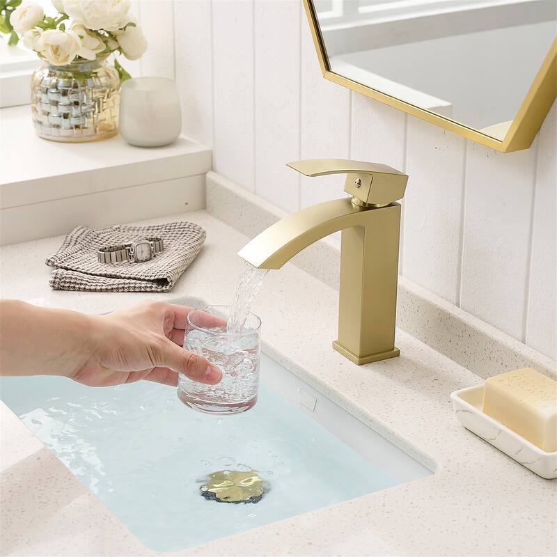 Waterfall Bathroom Faucet Single Handle Bathroon Sink Faucets Brushed Gold One Hole Modern Basin Vanity Taps With Valve