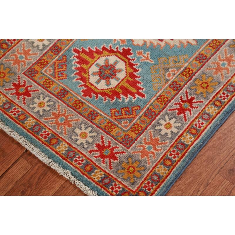 Geometric Kazak Accent Rug Hand-Knotted Oriental Blue Wool Carpet - 2'0"x 3'0"