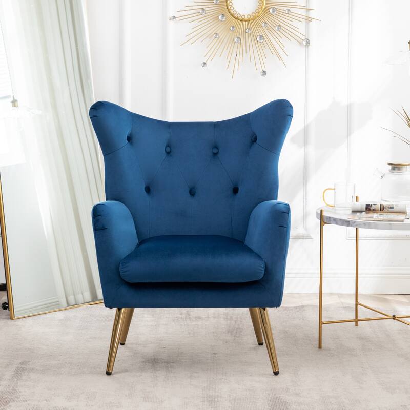 Velvet Upholstered Armchair Single Sofa Chair with Button Tufted Backrest, Dining Chair Office Chair with Metal Legs - Blue