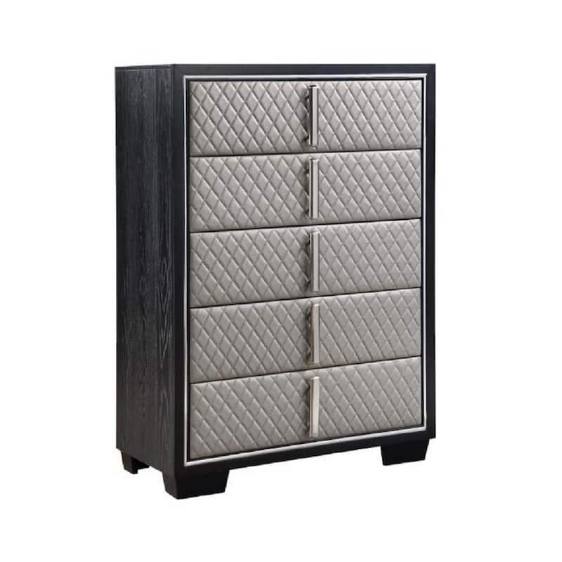 Fiz 54 Inch 5 Drawer Tall Dresser Chest, Quilted Silver Faux Leather, Black