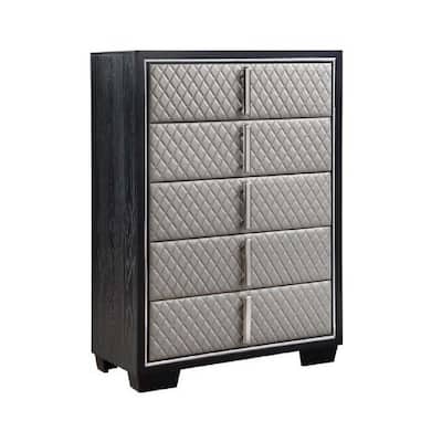 Fiz 54 Inch 5 Drawer Tall Dresser Chest, Quilted Silver Faux Leather, Black