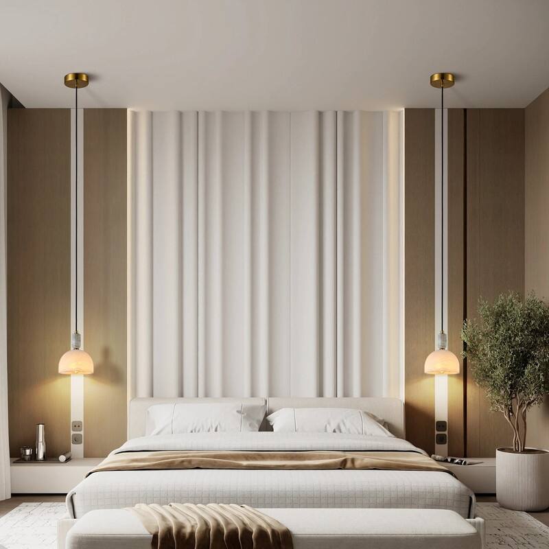 KAYLA Nordic Pendant Light Fixture - Round Alabaster Hanging Lamp with Brushed Brass Finish for Kitchen Island, Dining Room