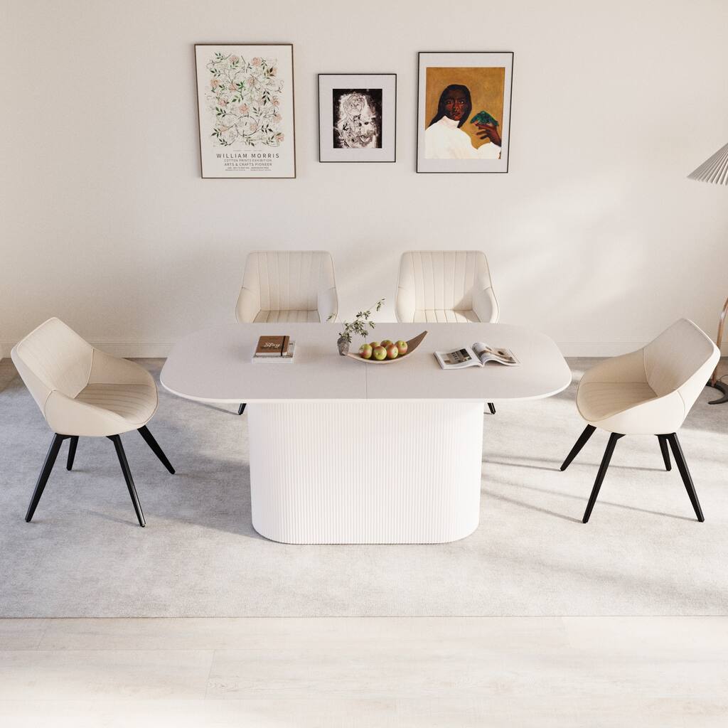 63" medieval modern cream style MDF dining table and 4 sets of black metal leg PU decorative chairs