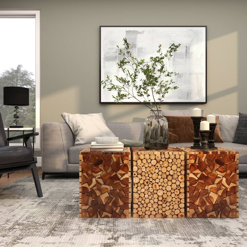 Brown Teak Wood Handmade Square Block Side End Accent Table with Mosaic Wood Chip Design