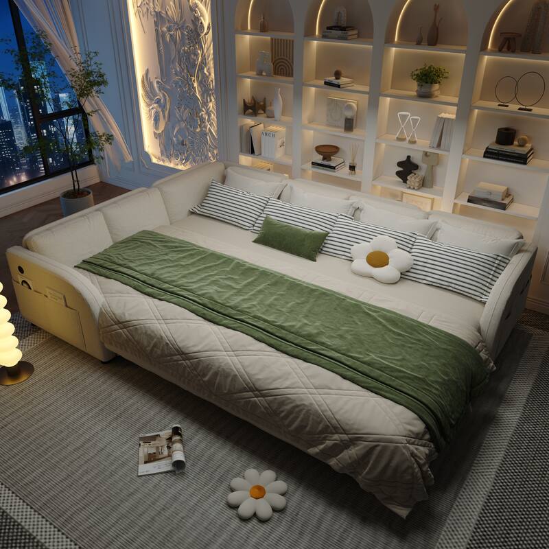 115" L-Shaped Sectional with Pull-Out Bed, USB Ports & Side Pockets, King Size Upholstered Bed