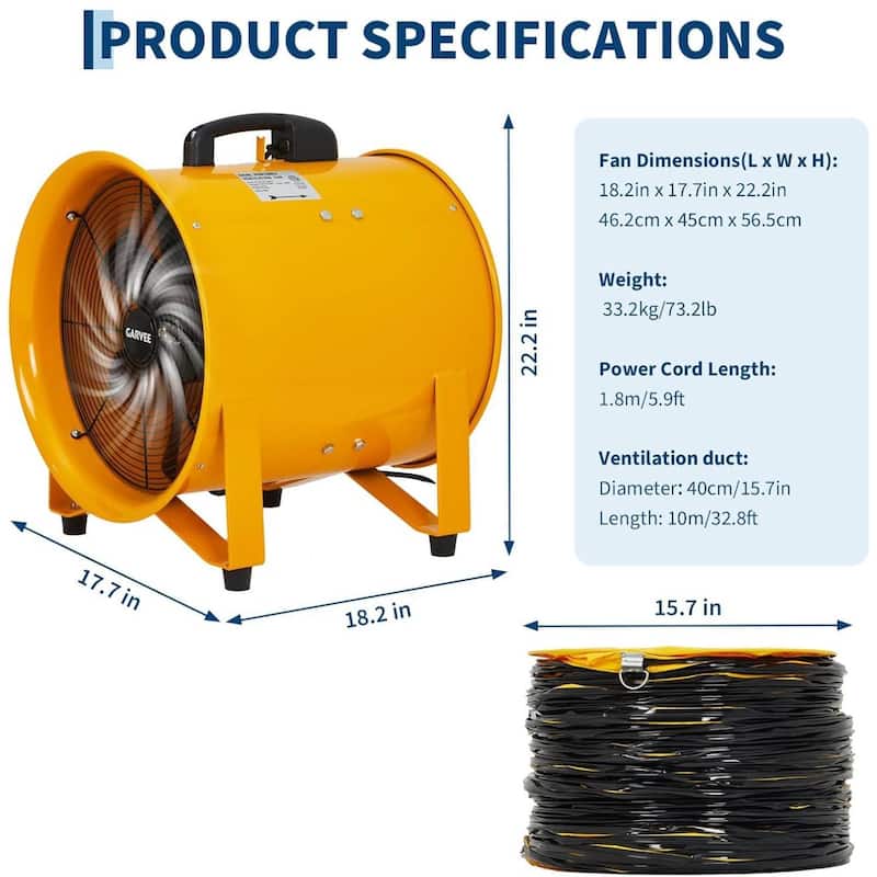 16 Inch 5500 CFM Heavy Duty Utility Blower Fan, Portable Industrial Exhaust Fan with 32.8ft Vinyl Hose