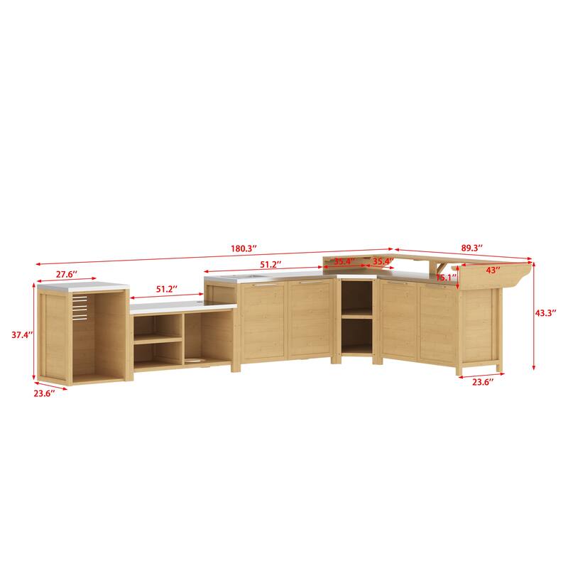 Modular Outdoor Kitchen Cabinet Set 100% Solid Wood Patio BBQ Island with Stainless Steel Countertop