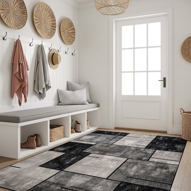 Modern Linear Area Rug for Living Room, Bedroom, or Entryway - Low Pile Indoor Rug - Black - 4' x 6'