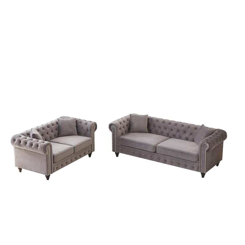 Nailheads Accent Velvet Button Tufted Chesterfield Sofas Set with Deep Seat Loveseat and 3 Seater Lounge Couch for Living Room