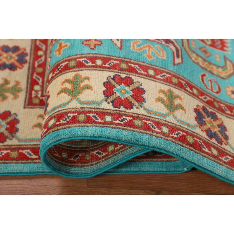 Turquoise Blue Kazak Oriental Accent Rug Handmade Wool Carpet - 3'3" x 4'11"
