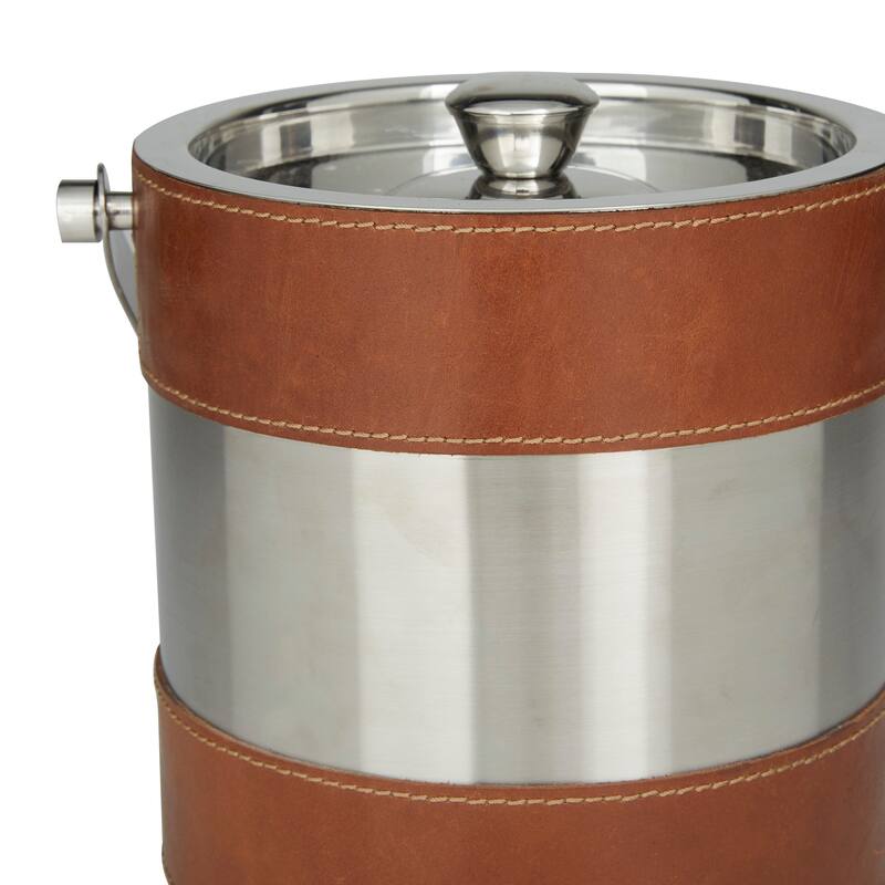 Leather Ice Bucket with Lid - 8 x 7 x 12