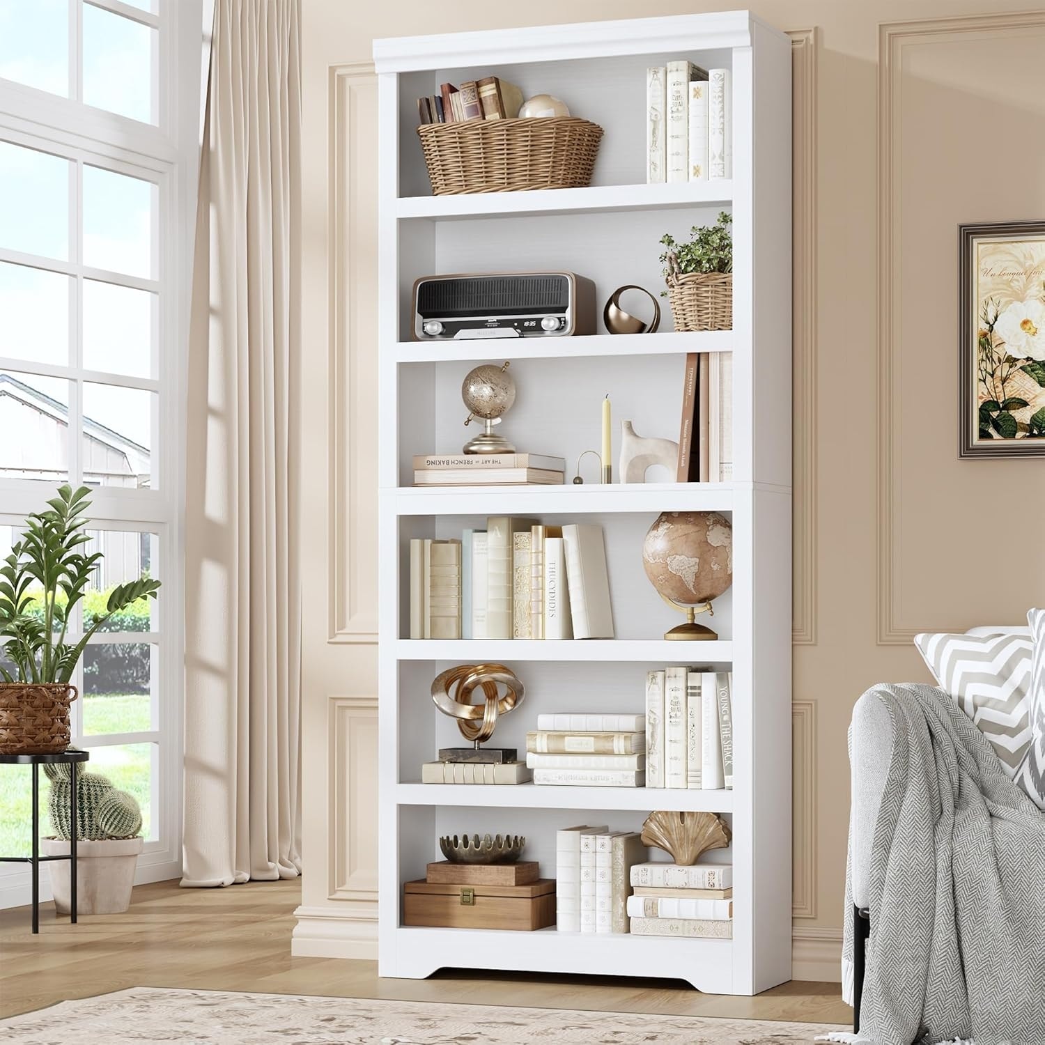 Farmhouse Bookcase with Adjustable Shelves, Floor Standing Open Display Storage Rack, Anti-Slip Design
