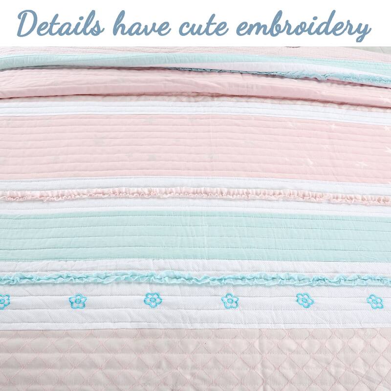 Cozy Line Home Fashions Pastel Stripped Star Ruffle Embroidered Floral Light Pink Peach Blue White Cotton Quilt Bedding Set