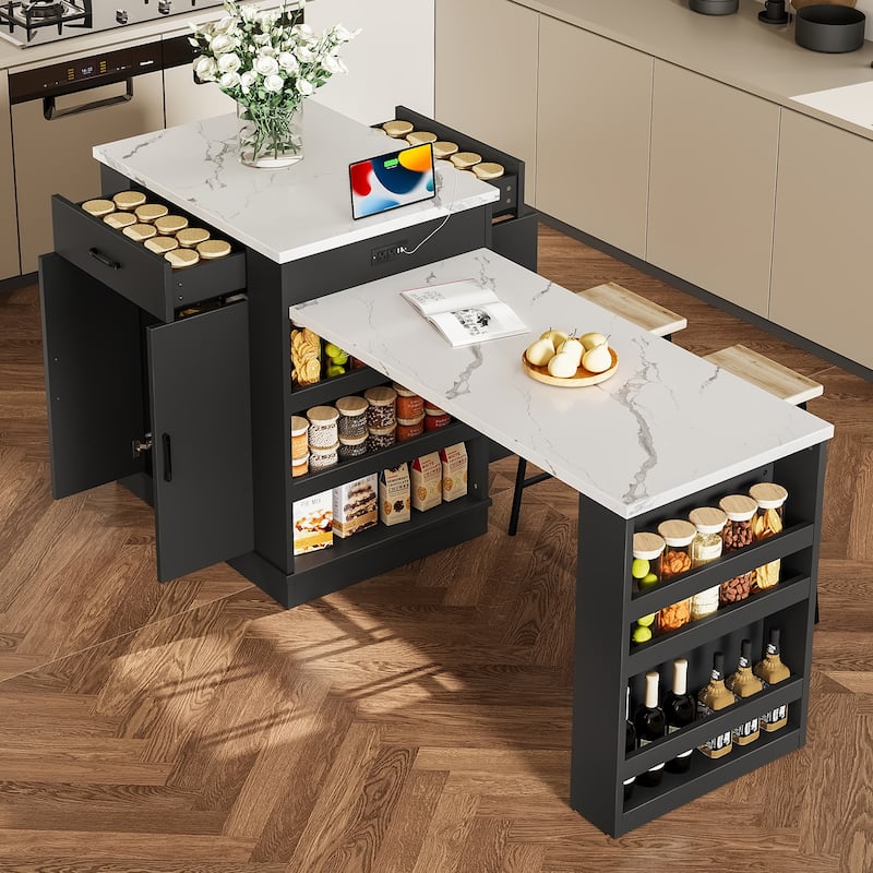 Anmytek Black Expandable Kitchen Island Cart with Marble Top - Rolling Kitchen Storage with Extendable Table and Spice Rack
