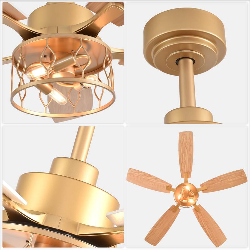 Bella Depot 52" Modern Gold Ceiling Fan with Light and Remote 6-Speed Large Caged Ceiling Fan