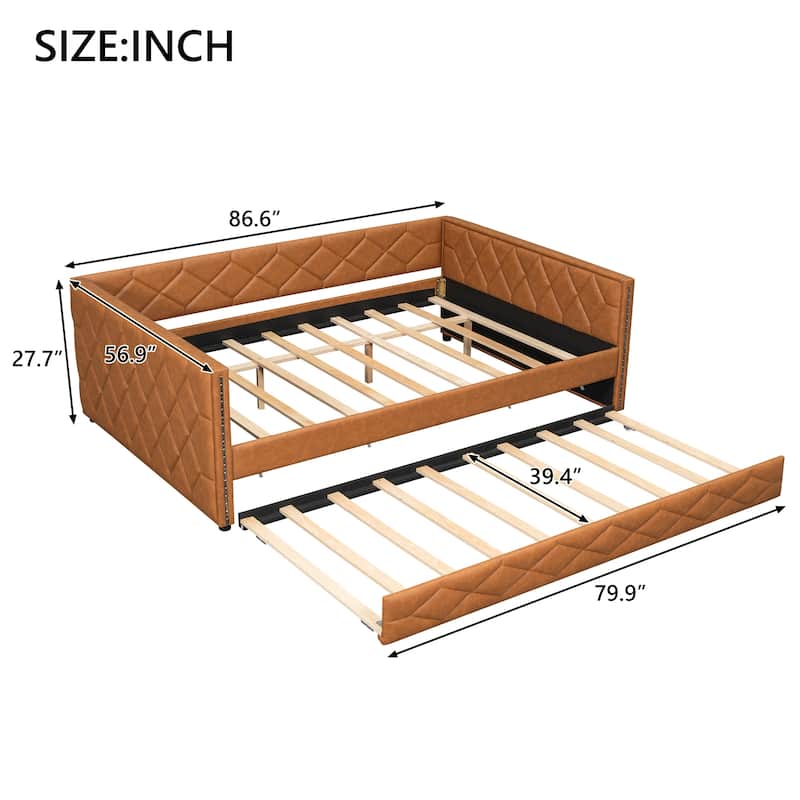Full XL Upholstered Daybed with Trundle and LED Armrests, PU Leather Sofa Bed with Pull-Out Guest Bed