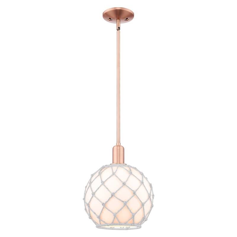 Innovations Lighting Endless Possibilities Arcadia - Farmhouse Rope - 1 Light 10" Stem Hung Mini Pendant - White Glass with White Rope/Antique Copper