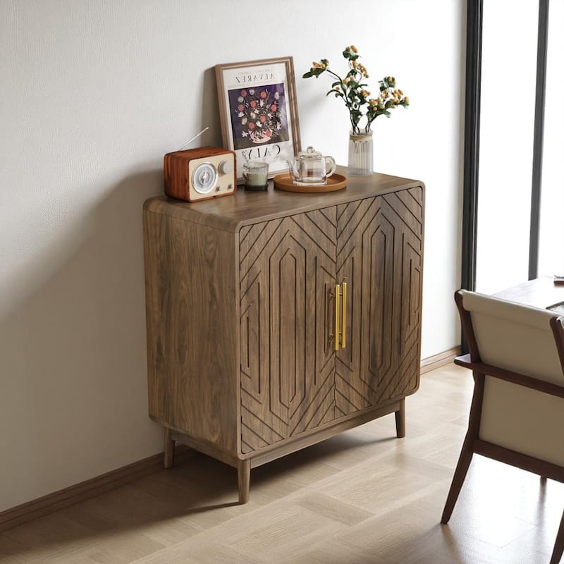 Modern Wood Sideboard Cabinet with Adjustable Shelf, Curved Edge Buffet Cabinet with Carved Doors, Walnut Finish