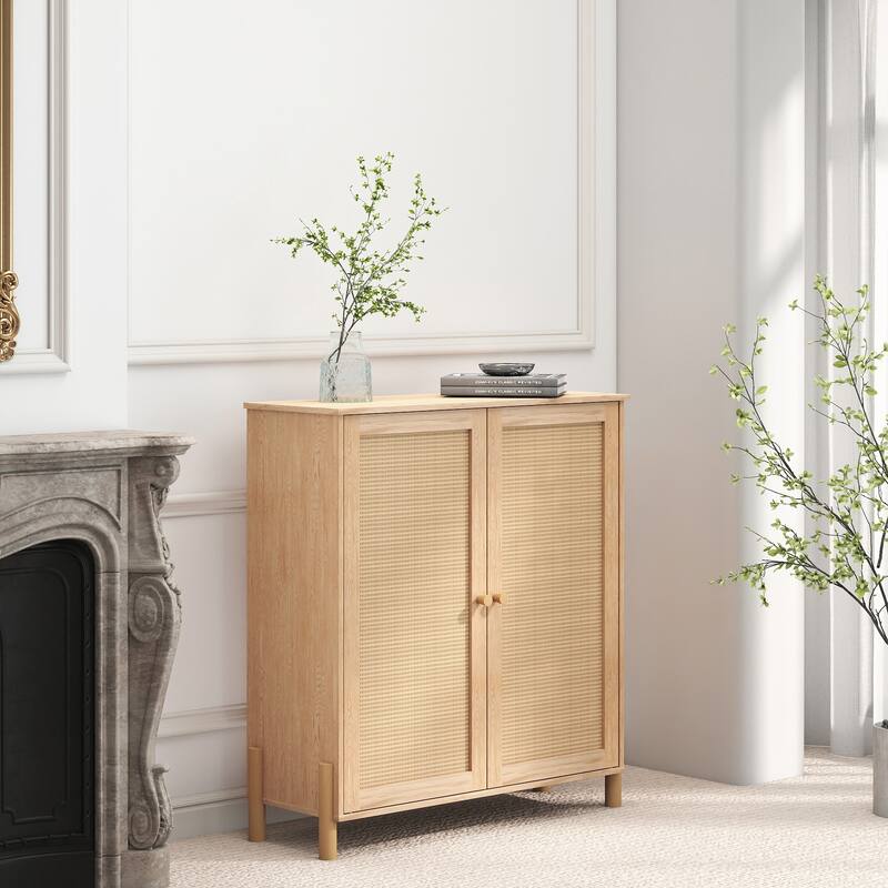 Mid-Century Modern Storage Cabinet with Woven Rattan Doors & Adjustable Shelves - Perfect
