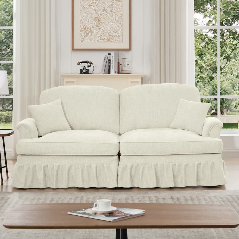 Mid-Century 2-Seat Sofa Couch with Flared Arms & Removable Ruffled Skirts, Retro Chenille Upholstered Loveseat for Living Room - Beige+White