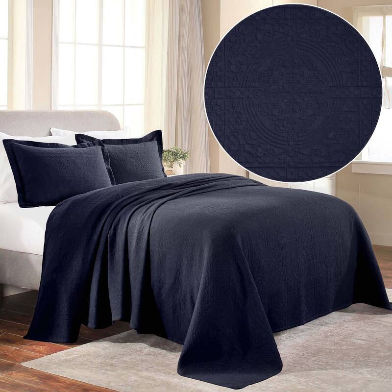 Superior Fleur De Lis Cotton Decorative Bedspread Set - Navy Blue - Full