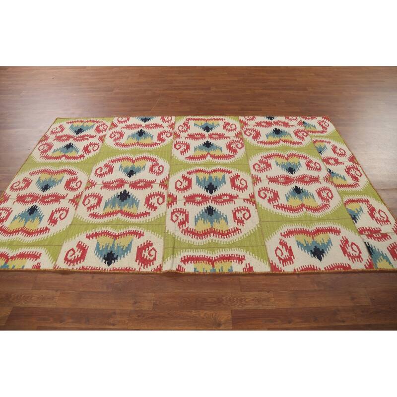 Hand-Woven Green Kilim Oriental Area Rug Handmade Wool Carpet - 4'10"x 7'11"